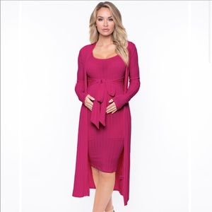 Belted dress with cardigan